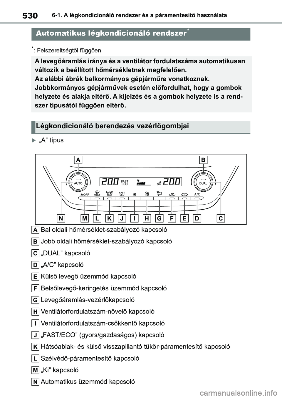 TOYOTA COROLLA 2020 Kezelési útmutató (in Hungarian) 5306-1. A légkondicionáló rendszer és a páramentesítő használata
*: Felszereltségtől függően
„A” típus
Bal oldali hőmérséklet-szabályozó kapcsoló
Jobb oldali hőmérsékle t- TOYOTA COROLLA 2020 Kezelési útmutató (in Hungarian) 5306-1. A légkondicionáló rendszer és a páramentesítő használata
*: Felszereltségtől függően
„A” típus
Bal oldali hőmérséklet-szabályozó kapcsoló
Jobb oldali hőmérsékle t-