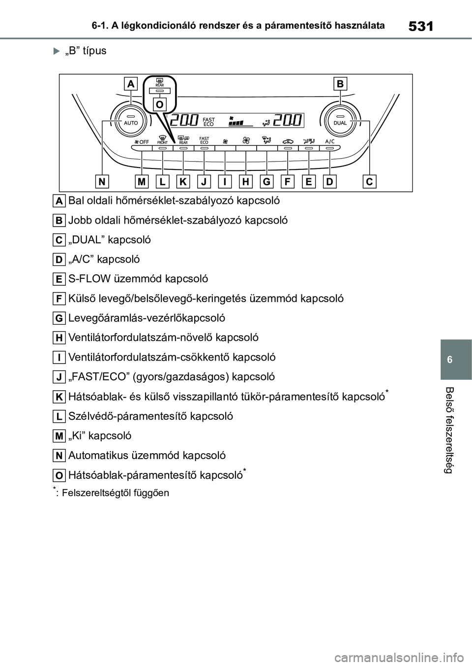 TOYOTA COROLLA 2020 Kezelési útmutató (in Hungarian) 531
6
6-1. A légkondicionáló rendszer és a páramentesítő használata
Belső felszereltség
„B” típus
Bal oldali hőmérséklet-szabályozó kapcsoló
Jobb oldali hőmérsékle t-szabál TOYOTA COROLLA 2020 Kezelési útmutató (in Hungarian) 531
6
6-1. A légkondicionáló rendszer és a páramentesítő használata
Belső felszereltség
„B” típus
Bal oldali hőmérséklet-szabályozó kapcsoló
Jobb oldali hőmérsékle t-szabál