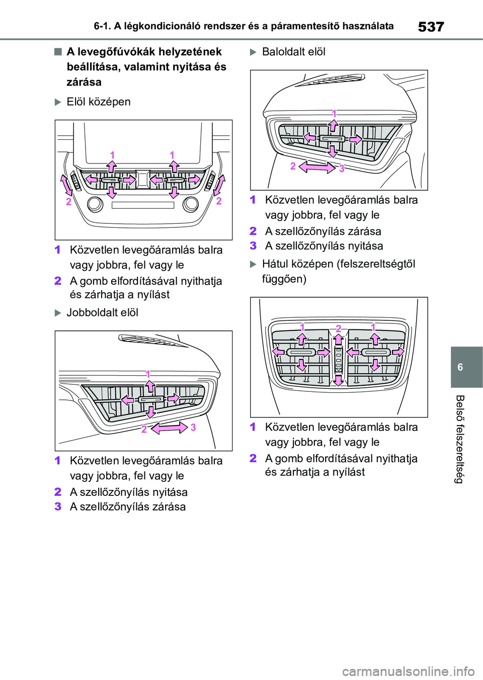 TOYOTA COROLLA 2020 Kezelési útmutató (in Hungarian) 537
6
6-1. A légkondicionáló rendszer és a páramentesítő használata
Belső felszereltség
nA levegőfúvókák helyzetének
beállítása, valamint nyitása és
zárása
Elöl középen
1 TOYOTA COROLLA 2020 Kezelési útmutató (in Hungarian) 537
6
6-1. A légkondicionáló rendszer és a páramentesítő használata
Belső felszereltség
nA levegőfúvókák helyzetének
beállítása, valamint nyitása és
zárása
Elöl középen
1