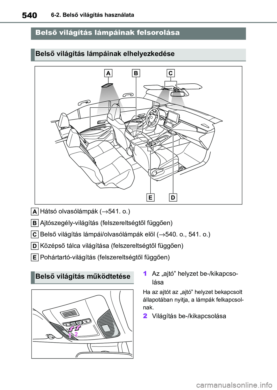 TOYOTA COROLLA 2020 Kezelési útmutató (in Hungarian) 5406-2. Belső világítás használata
6-2.Belső világítás használata
Hátsó olvasólámpák ( →541. o.)
Ajtószegély-világítás (f elszereltségtől függően)
Belső világítás lámpá TOYOTA COROLLA 2020 Kezelési útmutató (in Hungarian) 5406-2. Belső világítás használata
6-2.Belső világítás használata
Hátsó olvasólámpák ( →541. o.)
Ajtószegély-világítás (f elszereltségtől függően)
Belső világítás lámpá