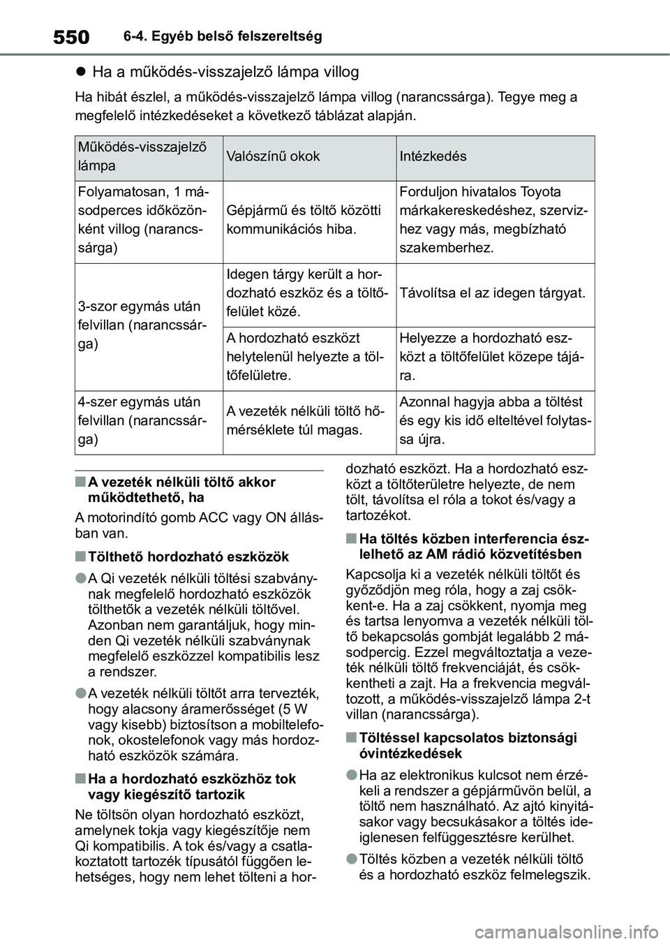 TOYOTA COROLLA 2020  Kezelési útmutató (in Hungarian) 5506-4. Egyéb belső felszereltség
Ha a működés-visszajelző lámpa villog
Ha hibát észlel, a mű ködés-visszajelző lámpa villog (narancssár ga). Tegye meg a 
megfelelő intézkedéseke