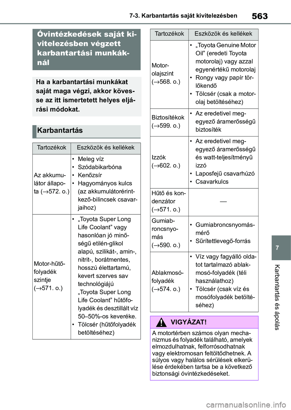 TOYOTA COROLLA 2020 Kezelési útmutató (in Hungarian) 563
7
7-3. Karbantartás saját kivitelezésben
Karbantartás és ápolás
7-3.Karbantartás saját kivitelezésbenÓvintézkedések saját ki-
vitelezésben végzett
karbantartási munkák-
nál
Ha TOYOTA COROLLA 2020 Kezelési útmutató (in Hungarian) 563
7
7-3. Karbantartás saját kivitelezésben
Karbantartás és ápolás
7-3.Karbantartás saját kivitelezésbenÓvintézkedések saját ki-
vitelezésben végzett
karbantartási munkák-
nál
Ha