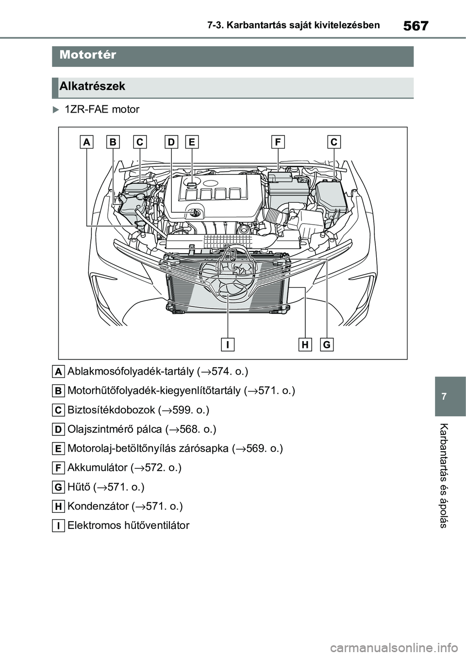 TOYOTA COROLLA 2020 Kezelési útmutató (in Hungarian) 567
7
7-3. Karbantartás saját kivitelezésben
Karbantartás és ápolás
1ZR-FAE motor
Ablakmosófolyadék-tartály ( →574. o.)
Motorhűtőfolyadék-kiegyenlítőtartály ( →571. o.)
Biztosí TOYOTA COROLLA 2020 Kezelési útmutató (in Hungarian) 567
7
7-3. Karbantartás saját kivitelezésben
Karbantartás és ápolás
1ZR-FAE motor
Ablakmosófolyadék-tartály ( →574. o.)
Motorhűtőfolyadék-kiegyenlítőtartály ( →571. o.)
Biztosí