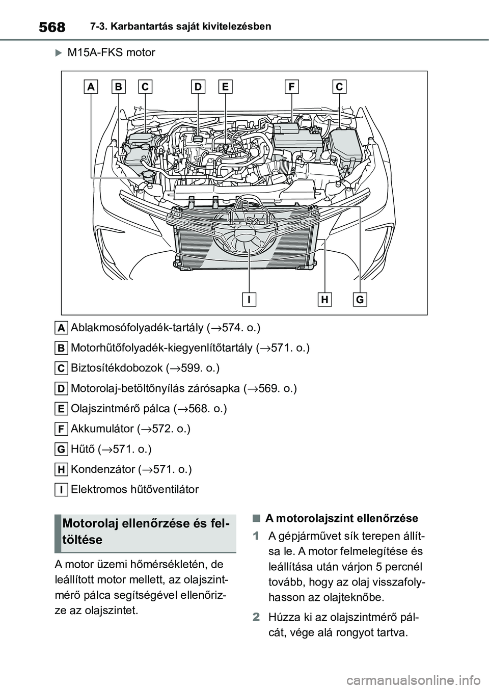 TOYOTA COROLLA 2020 Kezelési útmutató (in Hungarian) 5687-3. Karbantartás saját kivitelezésben
M15A-FKS motor Ablakmosófolyadék-tartály ( →574. o.)
Motorhűtőfolyadék-kiegyenlítőtartály ( →571. o.)
Biztosítékdobozok ( →599. o.)
Mot TOYOTA COROLLA 2020 Kezelési útmutató (in Hungarian) 5687-3. Karbantartás saját kivitelezésben
M15A-FKS motor Ablakmosófolyadék-tartály ( →574. o.)
Motorhűtőfolyadék-kiegyenlítőtartály ( →571. o.)
Biztosítékdobozok ( →599. o.)
Mot