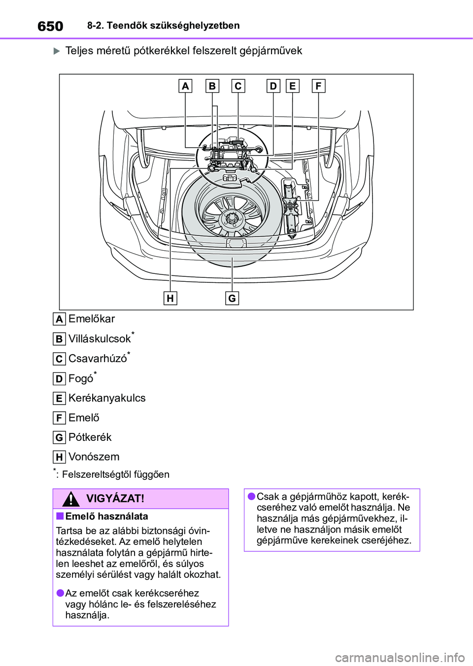TOYOTA COROLLA 2020 Kezelési útmutató (in Hungarian) 6508-2. Teendők szükséghelyzetben
Teljes méretű pótkerékkel felszerelt gépjárművek
Emelőkar
Villáskulcsok
*
Csavarhúzó*
Fogó*
Kerékanyakulcs
Emelő
Pótkerék
Vonószem
*: Felszerel TOYOTA COROLLA 2020 Kezelési útmutató (in Hungarian) 6508-2. Teendők szükséghelyzetben
Teljes méretű pótkerékkel felszerelt gépjárművek
Emelőkar
Villáskulcsok
*
Csavarhúzó*
Fogó*
Kerékanyakulcs
Emelő
Pótkerék
Vonószem
*: Felszerel