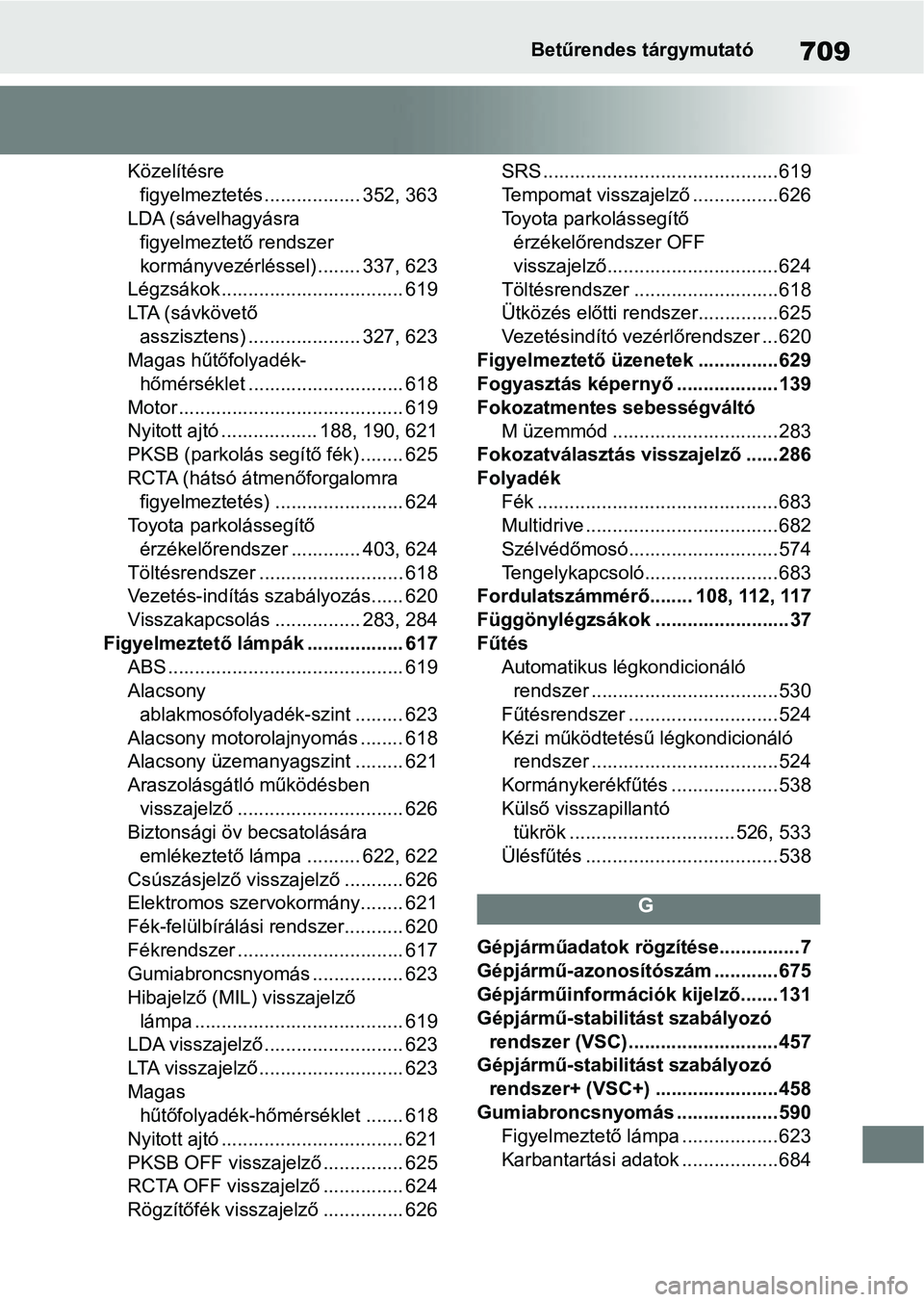 TOYOTA COROLLA 2020 Kezelési útmutató (in Hungarian) 709Betűrendes tárgymutató
Közelítésre figyelmeztetés .................. 352, 363
LDA (sávelhagyásra figyelmeztető rendszer
kormányvezérlésse l) ........ 337, 623
Légzsákok ........... TOYOTA COROLLA 2020 Kezelési útmutató (in Hungarian) 709Betűrendes tárgymutató
Közelítésre figyelmeztetés .................. 352, 363
LDA (sávelhagyásra figyelmeztető rendszer
kormányvezérlésse l) ........ 337, 623
Légzsákok ...........