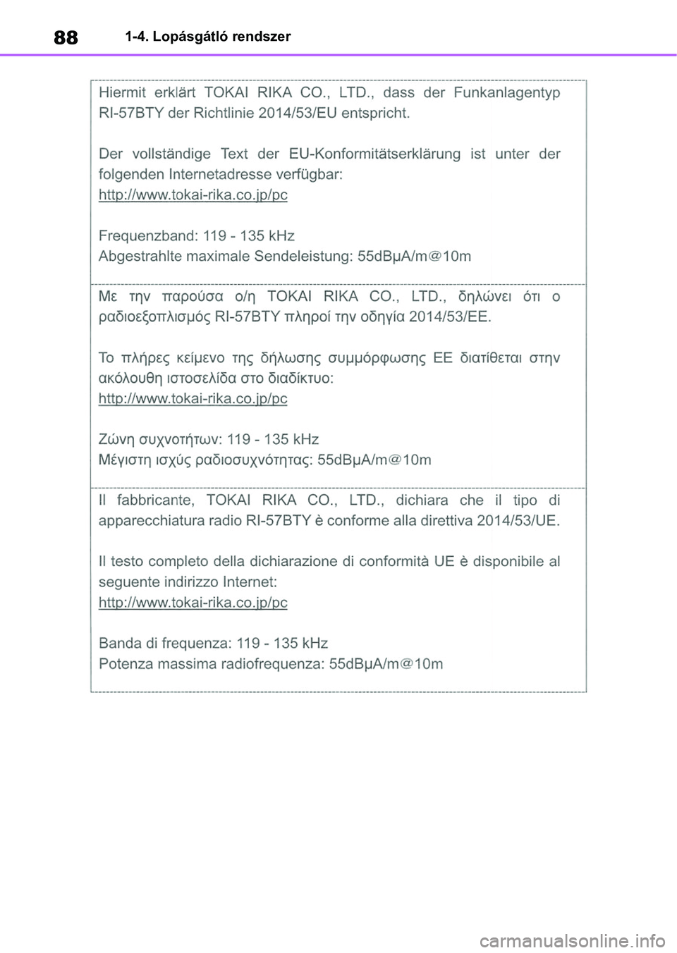 TOYOTA COROLLA 2020 Kezelési útmutató (in Hungarian) 881-4. Lopásgátló rendszer TOYOTA COROLLA 2020 Kezelési útmutató (in Hungarian) 881-4. Lopásgátló rendszer