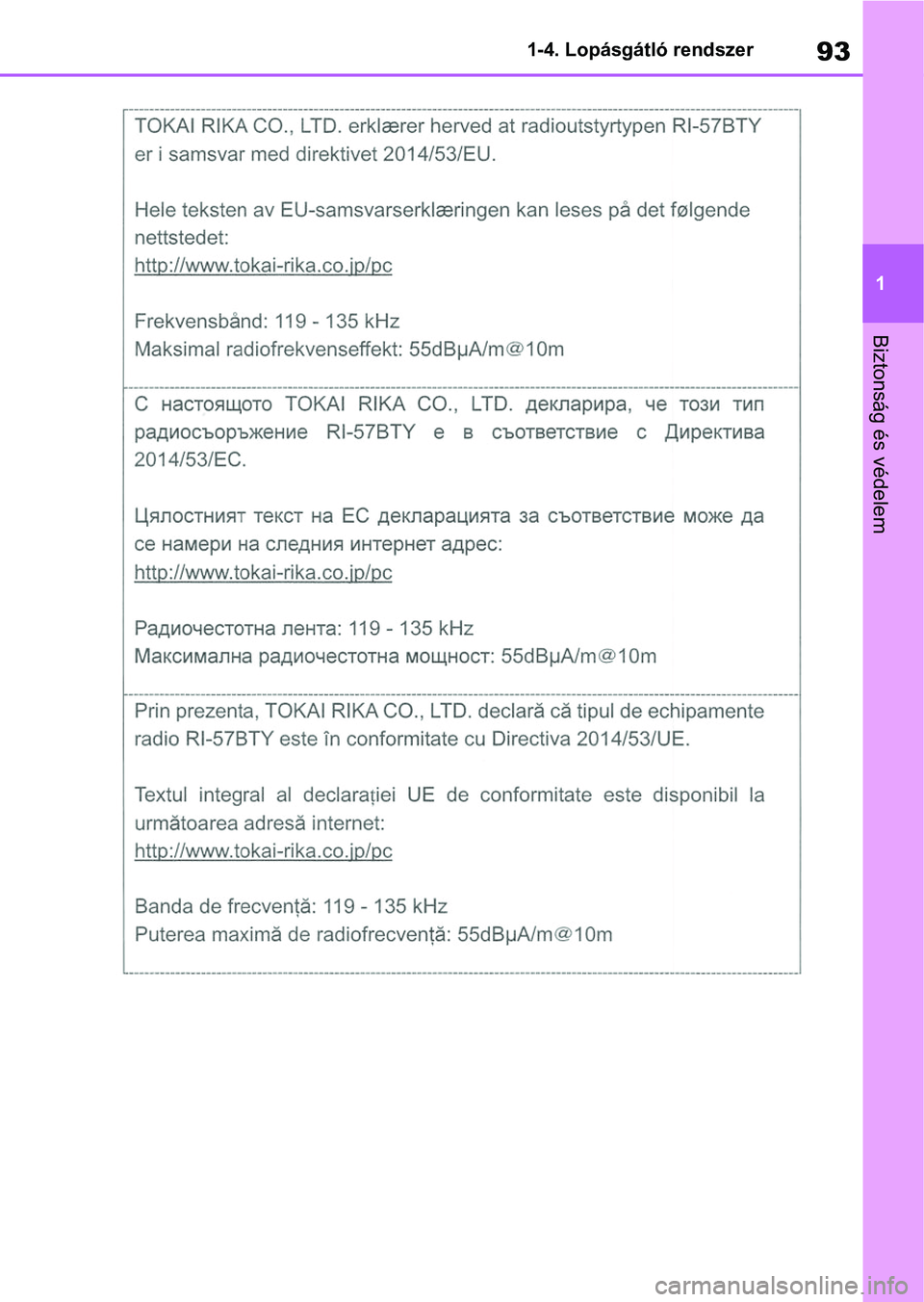 TOYOTA COROLLA 2020  Kezelési útmutató (in Hungarian) 93
1
1-4. Lopásgátló rendszer
Biztonság és védelem 