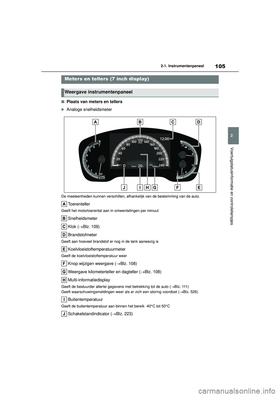 TOYOTA COROLLA 2020 Instructieboekje (in Dutch) 105
2
2-1. Instrumentenpaneel
Voertuigstatusinformatie en controlelampjes
COROLLA HV_TMMT_EE
■Plaats van meters en tellers
Analoge snelheidsmeter
De meeteenheden kunnen verschillen, afhank
elijk TOYOTA COROLLA 2020 Instructieboekje (in Dutch) 105
2
2-1. Instrumentenpaneel
Voertuigstatusinformatie en controlelampjes
COROLLA HV_TMMT_EE
■Plaats van meters en tellers
Analoge snelheidsmeter
De meeteenheden kunnen verschillen, afhank
elijk