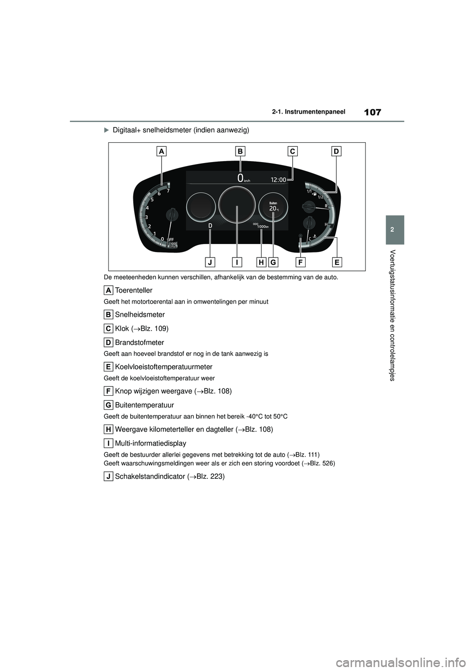 TOYOTA COROLLA 2020 Instructieboekje (in Dutch) 107
2
2-1. Instrumentenpaneel
Voertuigstatusinformatie en controlelampjes
COROLLA HV_TMMT_EE
Digitaal+ snelheidsmeter (indien aanwezig)
De meeteenheden kunnen verschillen, afhank
elijk van de best TOYOTA COROLLA 2020 Instructieboekje (in Dutch) 107
2
2-1. Instrumentenpaneel
Voertuigstatusinformatie en controlelampjes
COROLLA HV_TMMT_EE
Digitaal+ snelheidsmeter (indien aanwezig)
De meeteenheden kunnen verschillen, afhank
elijk van de best