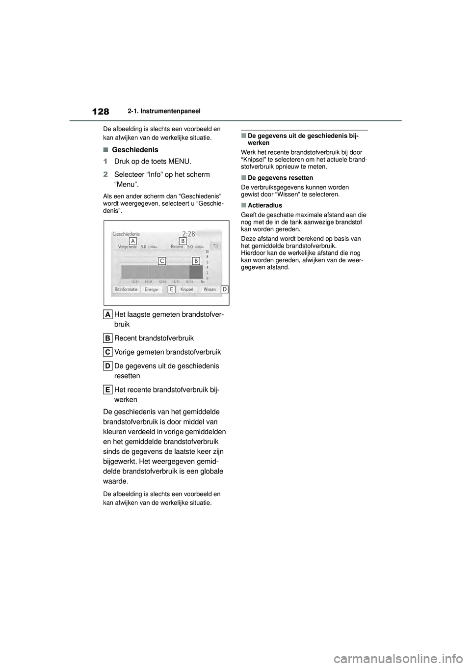 TOYOTA COROLLA 2020 Instructieboekje (in Dutch) 1282-1. Instrumentenpaneel
COROLLA HV_TMMT_EE De afbeelding is slechts een voorbeeld en
kan afwijken van de werkelijke situatie.
■Geschiedenis
1 Druk op de toets MENU.
2 Selecteer “Info” op het TOYOTA COROLLA 2020 Instructieboekje (in Dutch) 1282-1. Instrumentenpaneel
COROLLA HV_TMMT_EE De afbeelding is slechts een voorbeeld en
kan afwijken van de werkelijke situatie.
■Geschiedenis
1 Druk op de toets MENU.
2 Selecteer “Info” op het