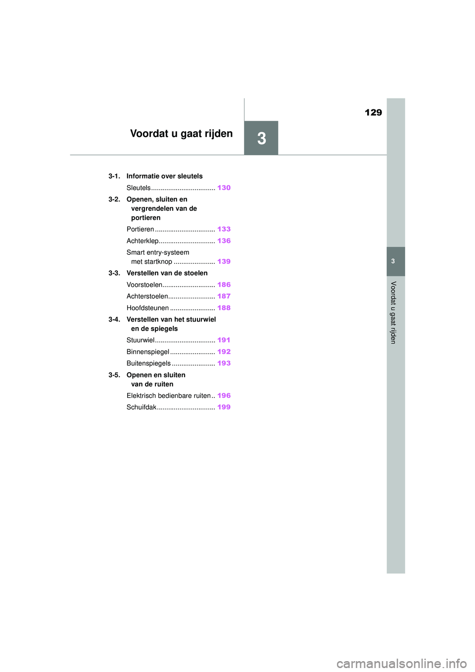 TOYOTA COROLLA 2020 Instructieboekje (in Dutch) 3
129
3
Voordat u gaat rijden
COROLLA HV_TMMT_EE
Voordat u gaat rijden
.3-1. Informatie over sleutelsSleutels .................................. 130
3-2. Openen, sluiten en vergrendelen van de
porti TOYOTA COROLLA 2020 Instructieboekje (in Dutch) 3
129
3
Voordat u gaat rijden
COROLLA HV_TMMT_EE
Voordat u gaat rijden
.3-1. Informatie over sleutelsSleutels .................................. 130
3-2. Openen, sluiten en vergrendelen van de
porti