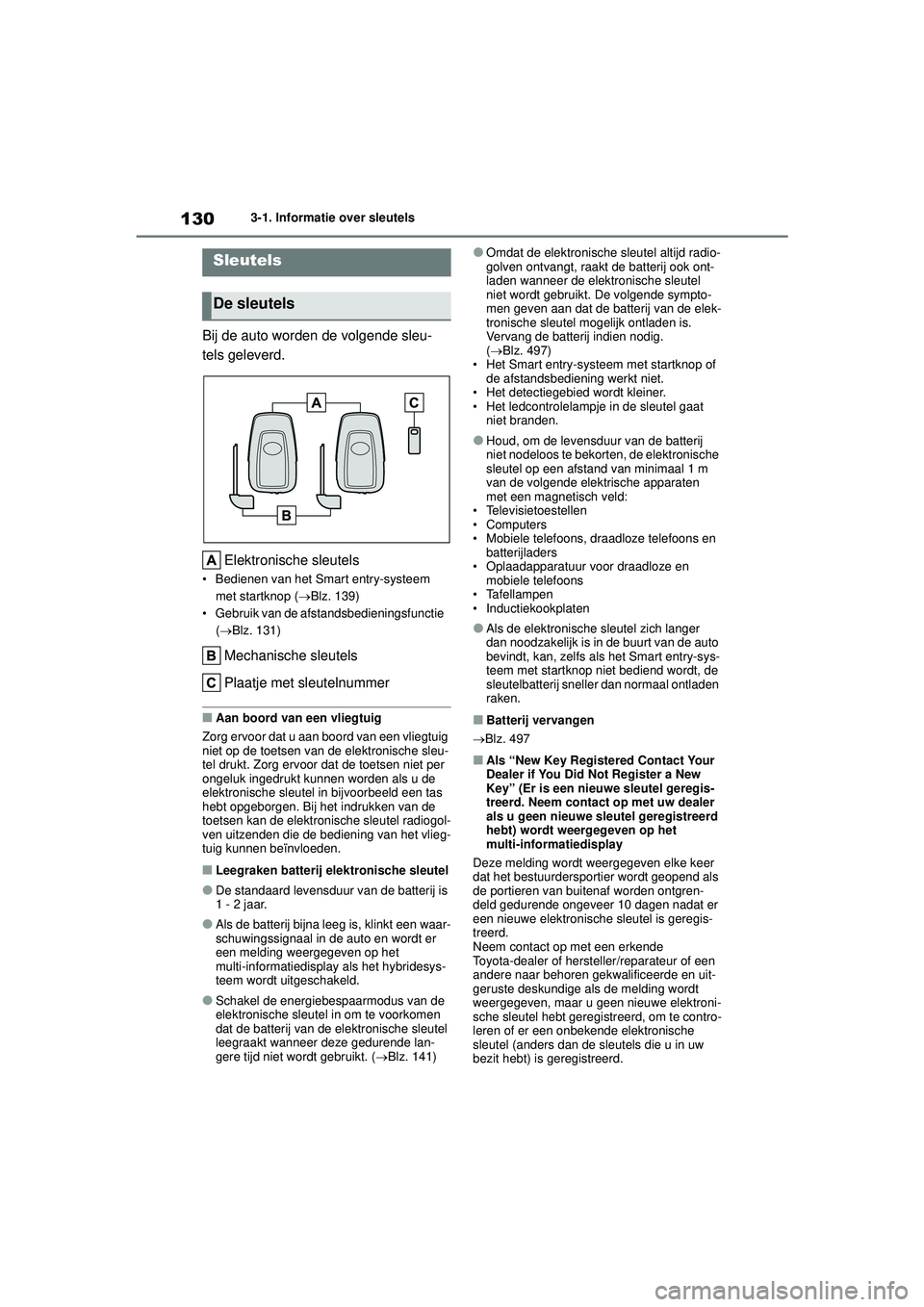 TOYOTA COROLLA 2021  Instructieboekje (in Dutch) 1303-1. Informatie over sleutels
COROLLA HV_TMMT_EE
3-1.Informatie over sleutels
Bij de auto worden de volgende sleu-
tels geleverd. Elektronische sleutels
• Bedienen van het Smart entry-systeem met