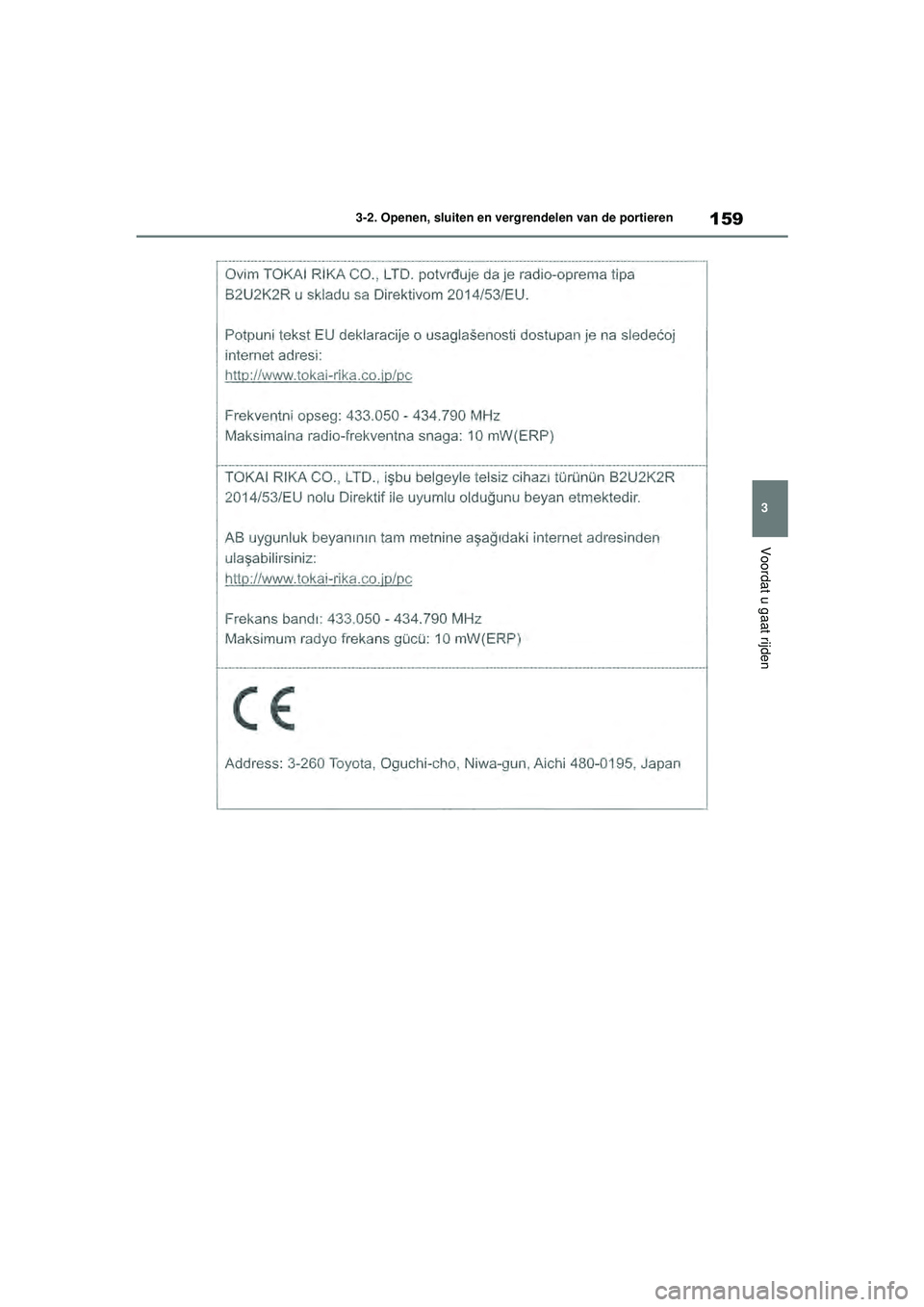TOYOTA COROLLA 2020  Instructieboekje (in Dutch) 159
3
3-2. Openen, sluiten en vergrendelen van de portieren
Voordat u gaat rijden
COROLLA HV_TMMT_EE
COROLLA-HYBRID(TMMT)_OM_Europe_OM12P19E.book  
Page 159  Tuesday, August 25, 2020  9:11 AM 