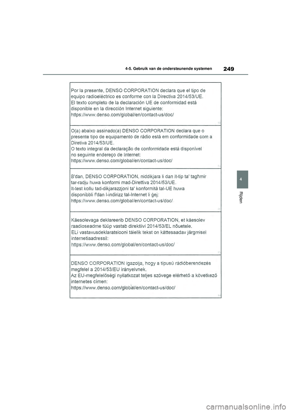 TOYOTA COROLLA 2020  Instructieboekje (in Dutch) 249
4
4-5. Gebruik van de ondersteunende systemen
Rijden
COROLLA HV_TMMT_EE
COROLLA-HYBRID(TMMT)_OM_Europe_OM12P19E.book  
Page 249  Tuesday, August 25, 2020  9:11 AM 