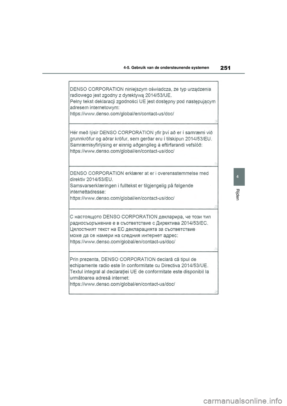 TOYOTA COROLLA 2020  Instructieboekje (in Dutch) 251
4
4-5. Gebruik van de ondersteunende systemen
Rijden
COROLLA HV_TMMT_EE
COROLLA-HYBRID(TMMT)_OM_Europe_OM12P19E.book  
Page 251  Tuesday, August 25, 2020  9:11 AM 