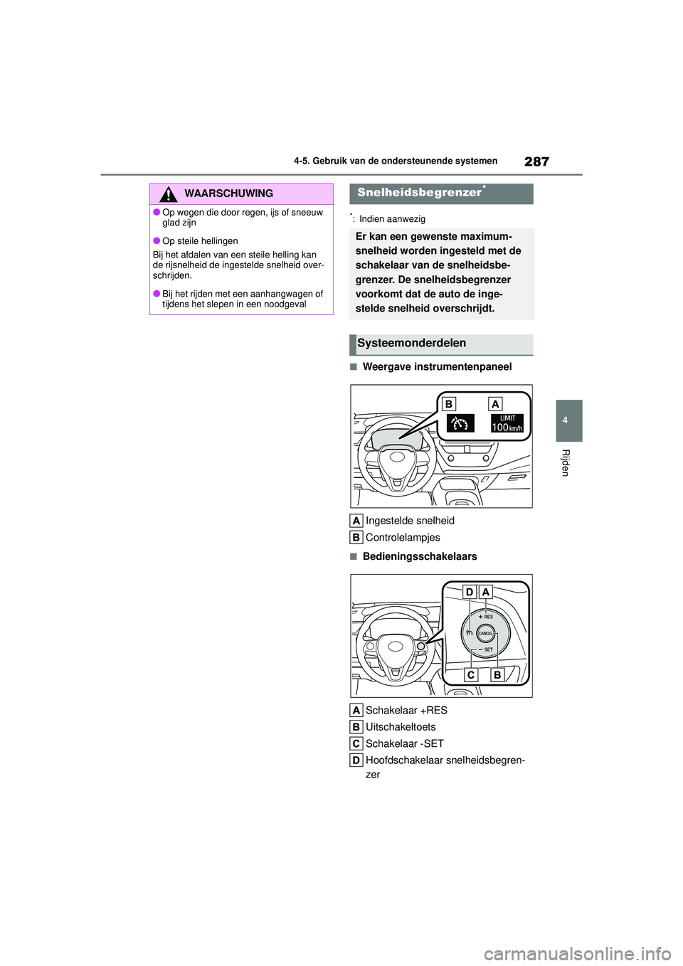 TOYOTA COROLLA 2020 Instructieboekje (in Dutch) 287
4
4-5. Gebruik van de ondersteunende systemen
Rijden
COROLLA HV_TMMT_EE
*: Indien aanwezig
■Weergave instrumentenpaneel
Ingestelde snelheid
Controlelampjes
■BedieningsschakelaarsSchakelaar +RE TOYOTA COROLLA 2020 Instructieboekje (in Dutch) 287
4
4-5. Gebruik van de ondersteunende systemen
Rijden
COROLLA HV_TMMT_EE
*: Indien aanwezig
■Weergave instrumentenpaneel
Ingestelde snelheid
Controlelampjes
■BedieningsschakelaarsSchakelaar +RE
