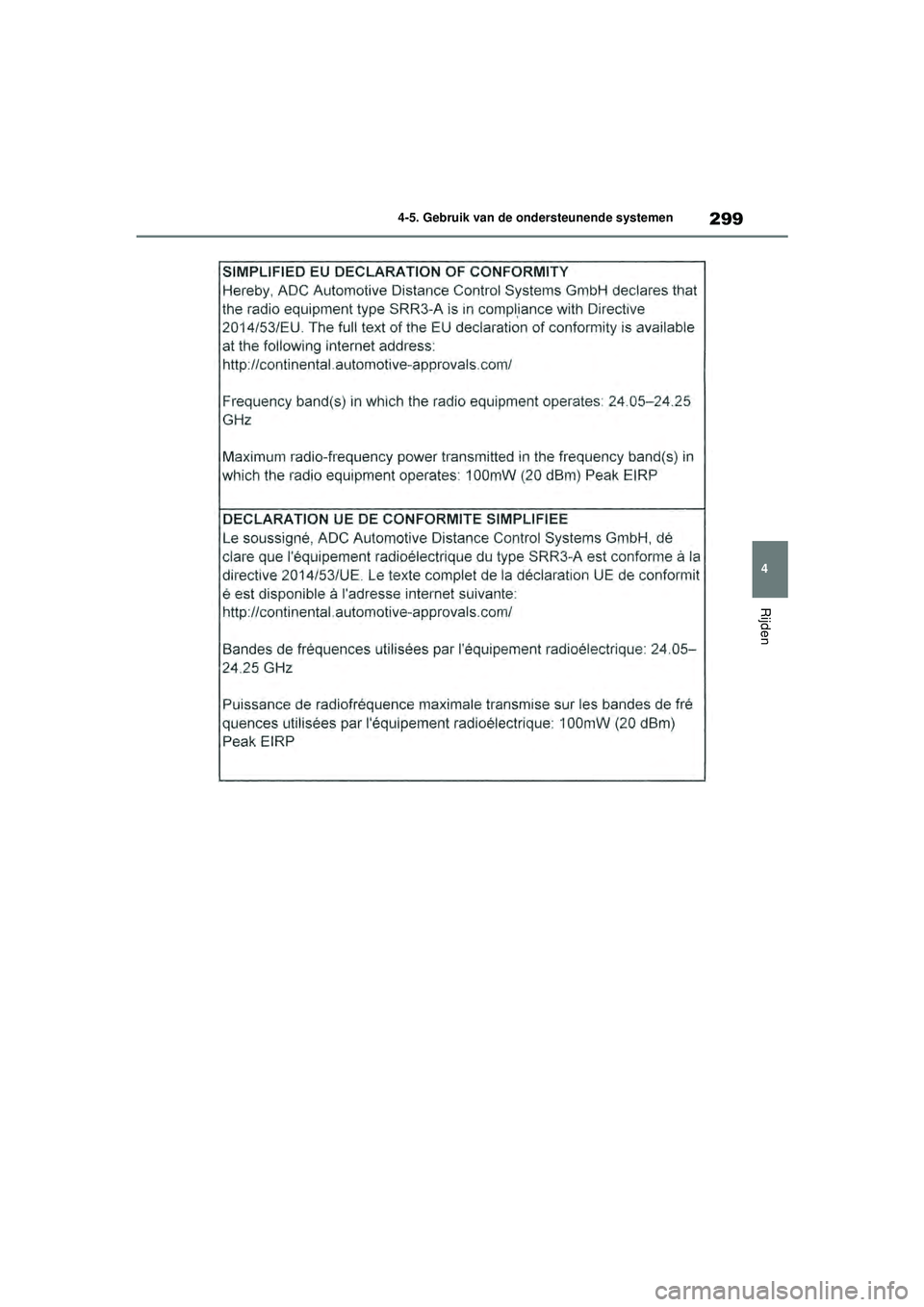 TOYOTA COROLLA 2020  Instructieboekje (in Dutch) 299
4
4-5. Gebruik van de ondersteunende systemen
Rijden
COROLLA HV_TMMT_EE
COROLLA-HYBRID(TMMT)_OM_Europe_OM12P19E.book  
Page 299  Tuesday, August 25, 2020  9:11 AM 