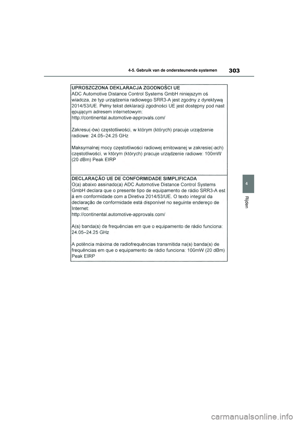 TOYOTA COROLLA 2020  Instructieboekje (in Dutch) 303
4
4-5. Gebruik van de ondersteunende systemen
Rijden
COROLLA HV_TMMT_EE
COROLLA-HYBRID(TMMT)_OM_Europe_OM12P19E.book  
Page 303  Tuesday, August 25, 2020  9:11 AM 
