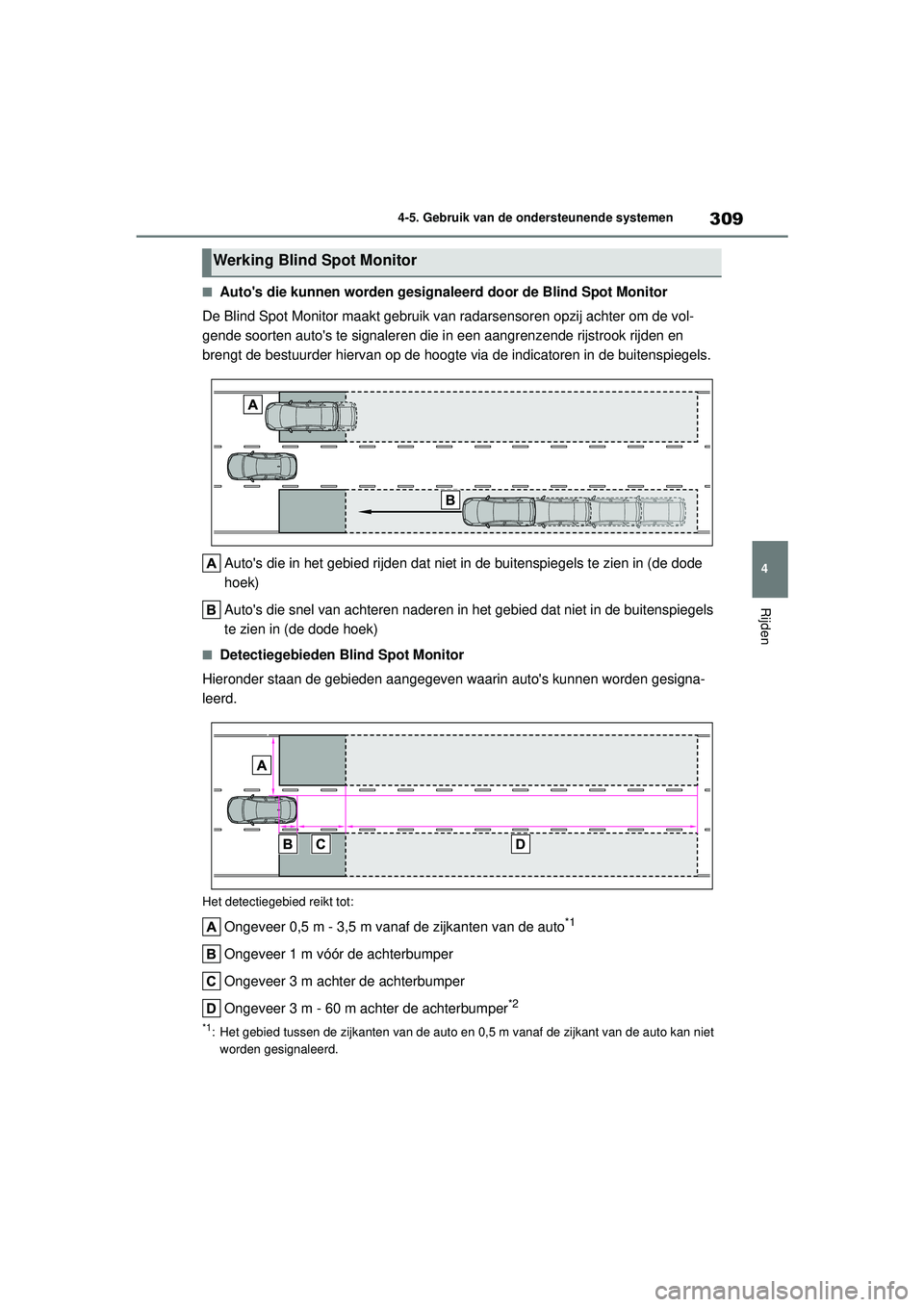 TOYOTA COROLLA 2020 Instructieboekje (in Dutch) 309
4
4-5. Gebruik van de ondersteunende systemen
Rijden
COROLLA HV_TMMT_EE
■Autos die kunnen worden gesignaleerd door de Blind Spot Monitor
De Blind Spot Monitor maakt gebruik van radarsensoren op TOYOTA COROLLA 2020 Instructieboekje (in Dutch) 309
4
4-5. Gebruik van de ondersteunende systemen
Rijden
COROLLA HV_TMMT_EE
■Autos die kunnen worden gesignaleerd door de Blind Spot Monitor
De Blind Spot Monitor maakt gebruik van radarsensoren op