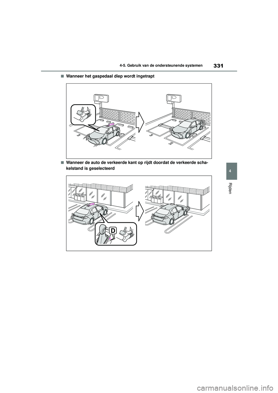 TOYOTA COROLLA 2020 Instructieboekje (in Dutch) 331
4
4-5. Gebruik van de ondersteunende systemen
Rijden
COROLLA HV_TMMT_EE
■Wanneer het gaspedaal diep wordt ingetrapt
■Wanneer de auto de verkeerde kant op rijdt doordat de verkeerde scha-
kelst TOYOTA COROLLA 2020 Instructieboekje (in Dutch) 331
4
4-5. Gebruik van de ondersteunende systemen
Rijden
COROLLA HV_TMMT_EE
■Wanneer het gaspedaal diep wordt ingetrapt
■Wanneer de auto de verkeerde kant op rijdt doordat de verkeerde scha-
kelst