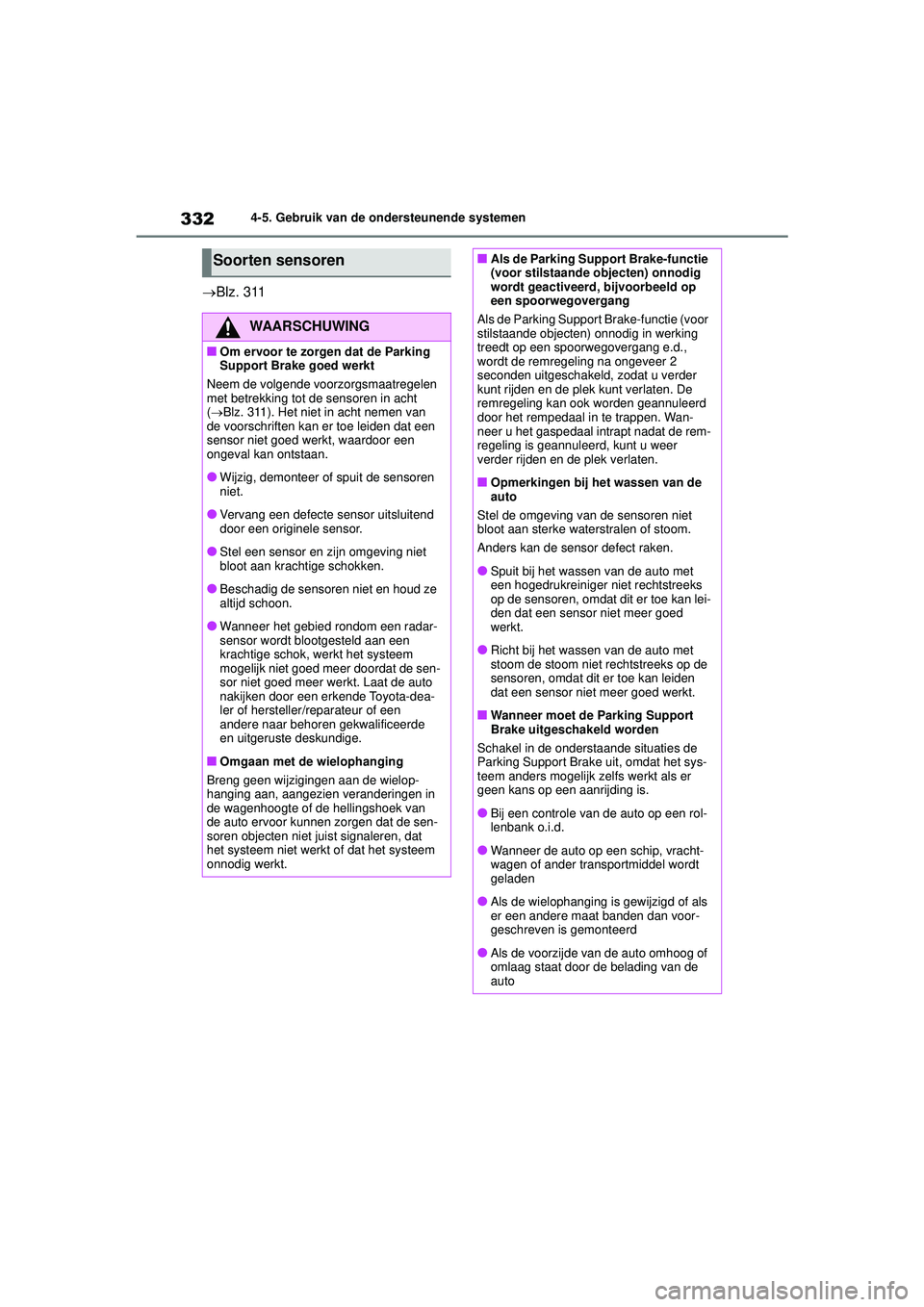 TOYOTA COROLLA 2020 Instructieboekje (in Dutch) 3324-5. Gebruik van de ondersteunende systemen
COROLLA HV_TMMT_EE
Blz. 311
Soorten sensoren
WAARSCHUWING
■Om ervoor te zorgen dat de Parking
Support Brake goed werkt
Neem de volgende voorzorgsma TOYOTA COROLLA 2020 Instructieboekje (in Dutch) 3324-5. Gebruik van de ondersteunende systemen
COROLLA HV_TMMT_EE
Blz. 311
Soorten sensoren
WAARSCHUWING
■Om ervoor te zorgen dat de Parking
Support Brake goed werkt
Neem de volgende voorzorgsma