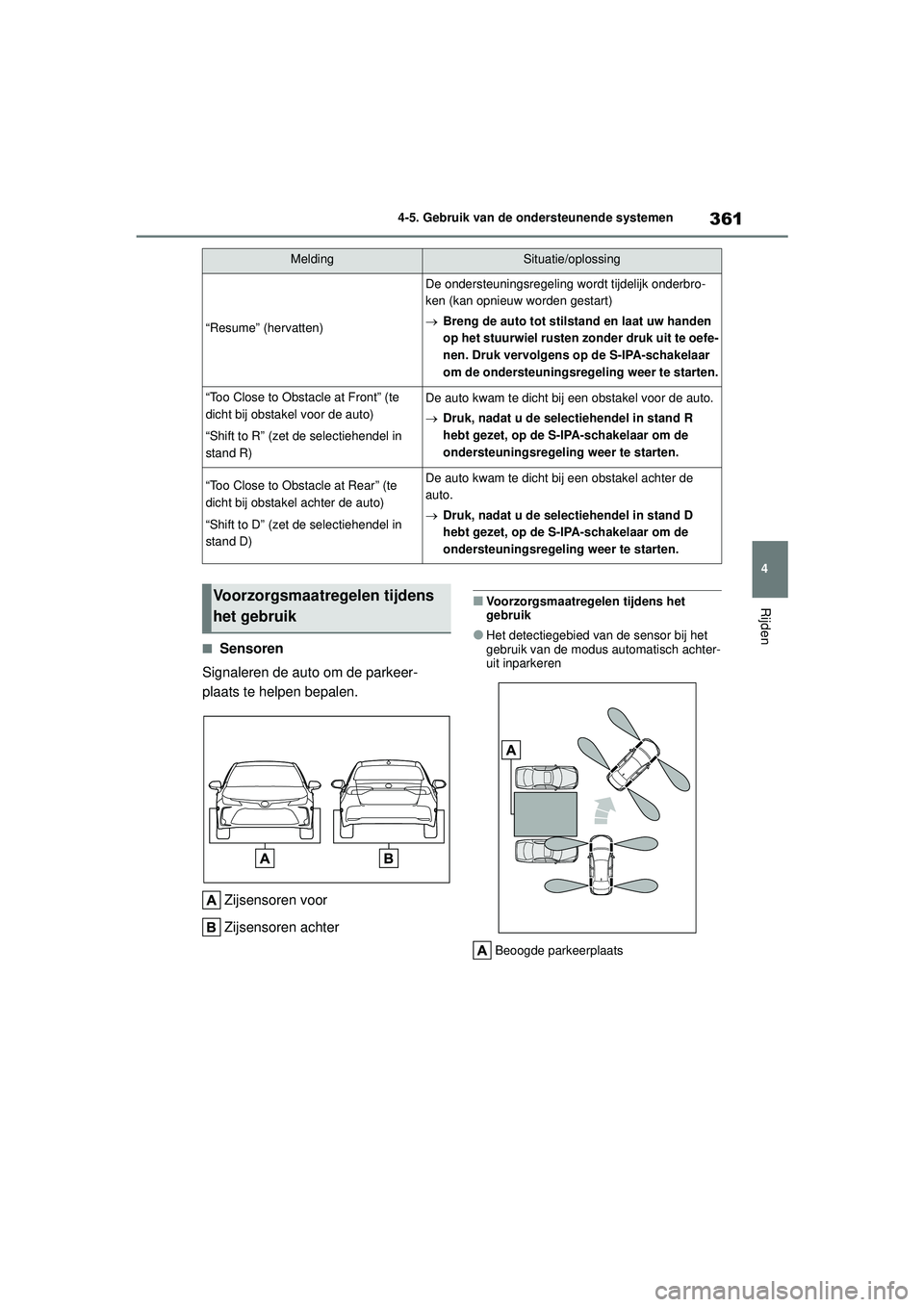 TOYOTA COROLLA 2020 Instructieboekje (in Dutch) 361
4
4-5. Gebruik van de ondersteunende systemen
Rijden
COROLLA HV_TMMT_EE
■Sensoren
Signaleren de auto om de parkeer-
plaats te helpen bepalen.
Zijsensoren voor
Zijsensoren achter
■Voorzorgsmaat TOYOTA COROLLA 2020 Instructieboekje (in Dutch) 361
4
4-5. Gebruik van de ondersteunende systemen
Rijden
COROLLA HV_TMMT_EE
■Sensoren
Signaleren de auto om de parkeer-
plaats te helpen bepalen.
Zijsensoren voor
Zijsensoren achter
■Voorzorgsmaat