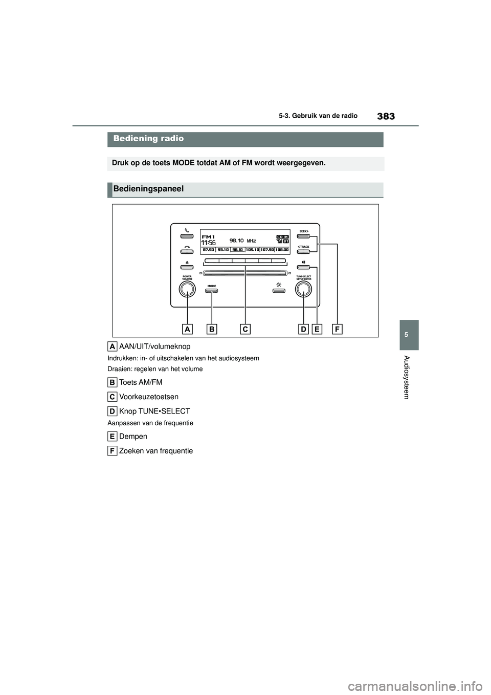 TOYOTA COROLLA 2020 Instructieboekje (in Dutch) 383
5
5-3. Gebruik van de radio
Audiosysteem
COROLLA HV_TMMT_EE
5-3.Gebruik van de radio
AAN/UIT/volumeknop
Indrukken: in- of uitschakelen van het audiosysteem
Draaien: regelen van het volume
Toets AM TOYOTA COROLLA 2020 Instructieboekje (in Dutch) 383
5
5-3. Gebruik van de radio
Audiosysteem
COROLLA HV_TMMT_EE
5-3.Gebruik van de radio
AAN/UIT/volumeknop
Indrukken: in- of uitschakelen van het audiosysteem
Draaien: regelen van het volume
Toets AM