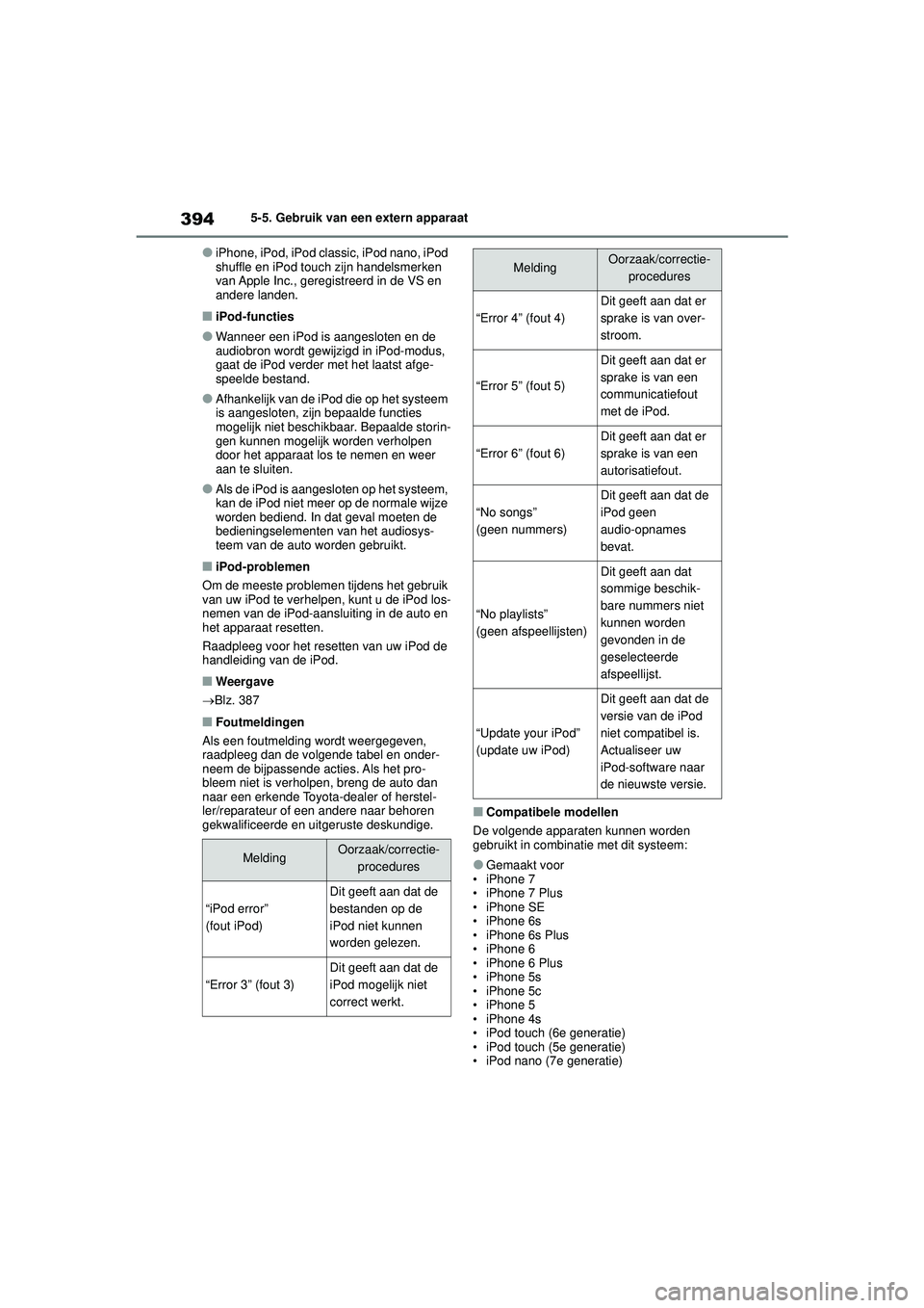 TOYOTA COROLLA 2020 Instructieboekje (in Dutch) 3945-5. Gebruik van een extern apparaat
COROLLA HV_TMMT_EE
●iPhone, iPod, iPod classic, iPod nano, iPod
shuffle en iPod touch zijn handelsmerken
van Apple Inc., geregistreerd in de VS en
andere l TOYOTA COROLLA 2020 Instructieboekje (in Dutch) 3945-5. Gebruik van een extern apparaat
COROLLA HV_TMMT_EE
●iPhone, iPod, iPod classic, iPod nano, iPod
shuffle en iPod touch zijn handelsmerken
van Apple Inc., geregistreerd in de VS en
andere l