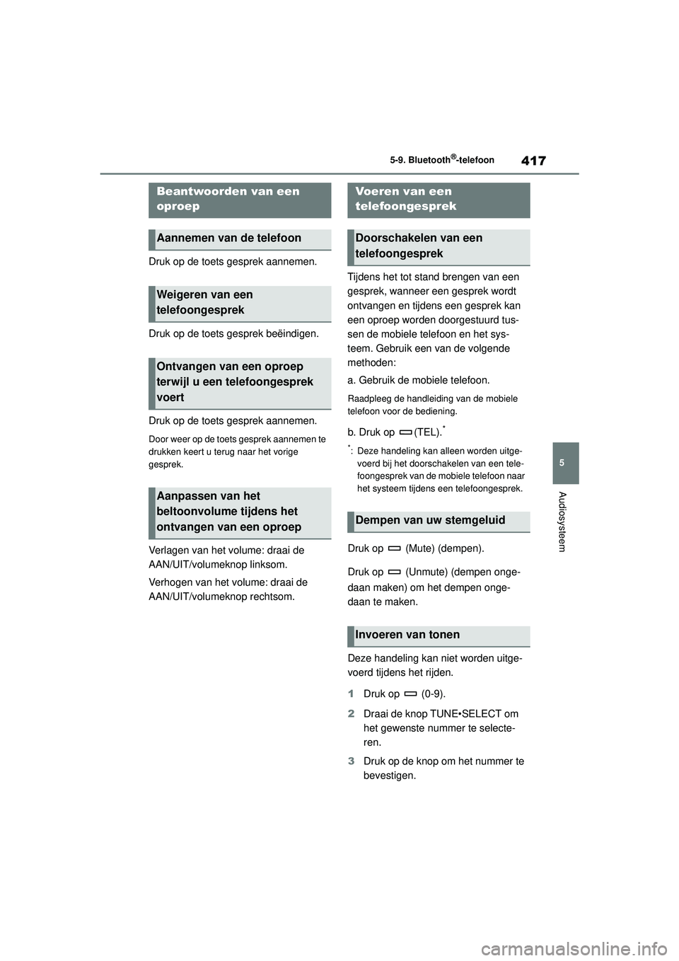 TOYOTA COROLLA 2020  Instructieboekje (in Dutch) 417
5
5-9. Bluetooth
®-telefoon
Audiosysteem
COROLLA HV_TMMT_EE
Druk op de toets gesprek aannemen.
Druk op de toets gesprek beëindigen.
Druk op de toets gesprek aannemen.
Door weer op de toets gespr