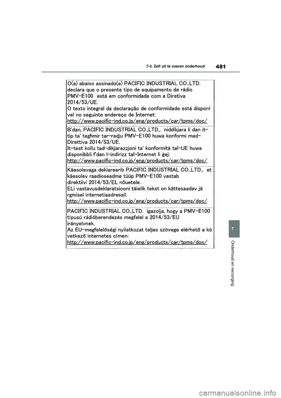 TOYOTA COROLLA 2020  Instructieboekje (in Dutch) 481
7
7-3. Zelf uit te voeren onderhoud
Onderhoud en verzorging
COROLLA HV_TMMT_EE
COROLLA-HYBRID(TMMT)_OM_Europe_OM12P19E.book  
Page 481  Tuesday, August 25, 2020  9:11 AM 