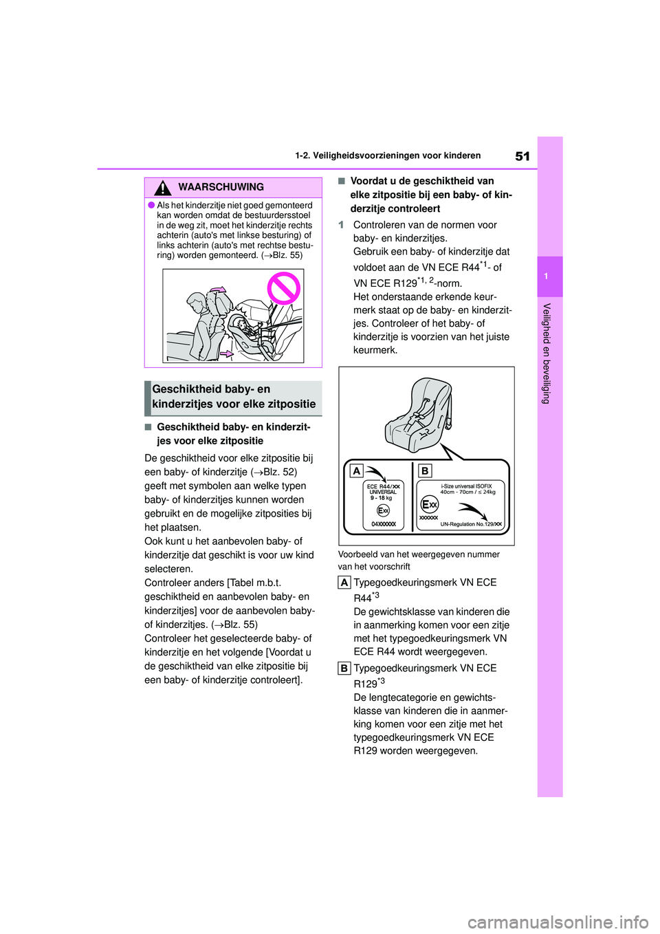 TOYOTA COROLLA 2020 Instructieboekje (in Dutch) 51
1
1-2. Veiligheidsvoorzieningen voor kinderen
Veiligheid en beveiliging
COROLLA HV_TMMT_EE
■Geschiktheid baby- en kinderzit-
jes voor elke zitpositie
De geschiktheid voor elke zitpositie bij
een TOYOTA COROLLA 2020 Instructieboekje (in Dutch) 51
1
1-2. Veiligheidsvoorzieningen voor kinderen
Veiligheid en beveiliging
COROLLA HV_TMMT_EE
■Geschiktheid baby- en kinderzit-
jes voor elke zitpositie
De geschiktheid voor elke zitpositie bij
een