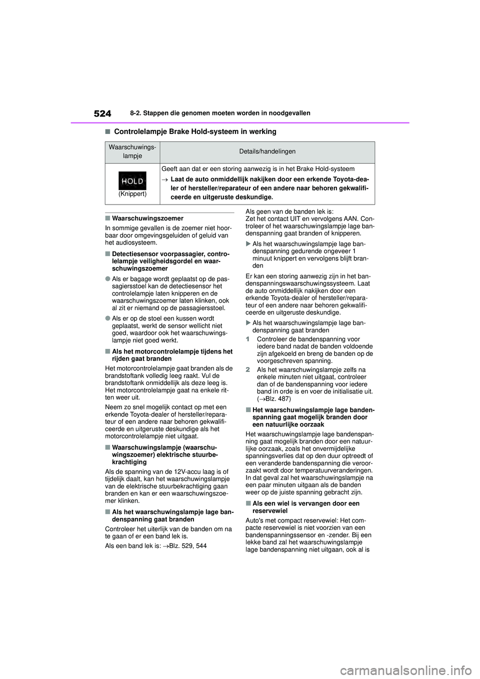 TOYOTA COROLLA 2020 Instructieboekje (in Dutch) 5248-2. Stappen die genomen moeten worden in noodgevallen
COROLLA HV_TMMT_EE
■Controlelampje Brake Ho ld-systeem in werking
■Waarschuwingszoemer
In sommige gevallen is de zoemer niet hoor-
baar d TOYOTA COROLLA 2020 Instructieboekje (in Dutch) 5248-2. Stappen die genomen moeten worden in noodgevallen
COROLLA HV_TMMT_EE
■Controlelampje Brake Ho ld-systeem in werking
■Waarschuwingszoemer
In sommige gevallen is de zoemer niet hoor-
baar d