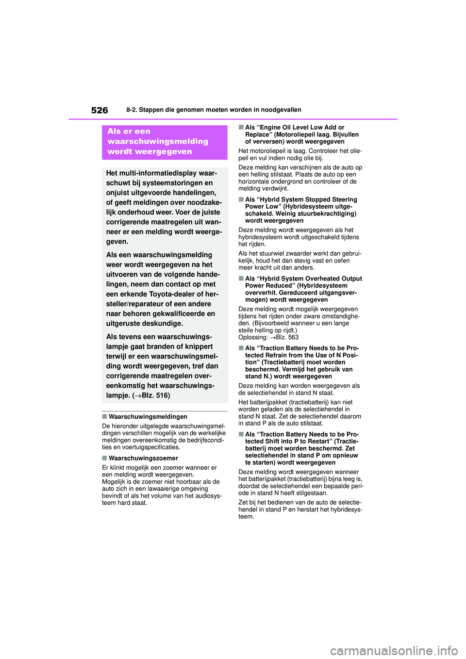 TOYOTA COROLLA 2020 Instructieboekje (in Dutch) 5268-2. Stappen die genomen moeten worden in noodgevallen
COROLLA HV_TMMT_EE
■Waarschuwingsmeldingen
De hieronder uitgelegde waarschuwingsmel-
dingen verschillen mogelijk van de werkelijke
meldinge TOYOTA COROLLA 2020 Instructieboekje (in Dutch) 5268-2. Stappen die genomen moeten worden in noodgevallen
COROLLA HV_TMMT_EE
■Waarschuwingsmeldingen
De hieronder uitgelegde waarschuwingsmel-
dingen verschillen mogelijk van de werkelijke
meldinge