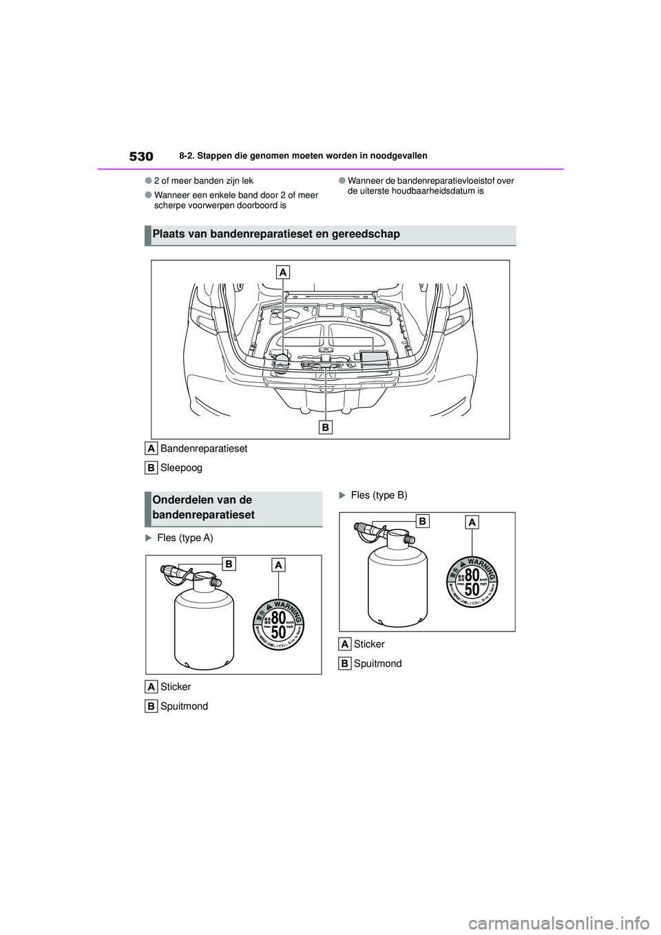 TOYOTA COROLLA 2020  Instructieboekje (in Dutch) 5308-2. Stappen die genomen moeten worden in noodgevallen
COROLLA HV_TMMT_EE
●2 of meer banden zijn lek
●Wanneer een enkele band door 2 of meer 
scherpe voorwerpen doorboord is
●Wanneer de bande