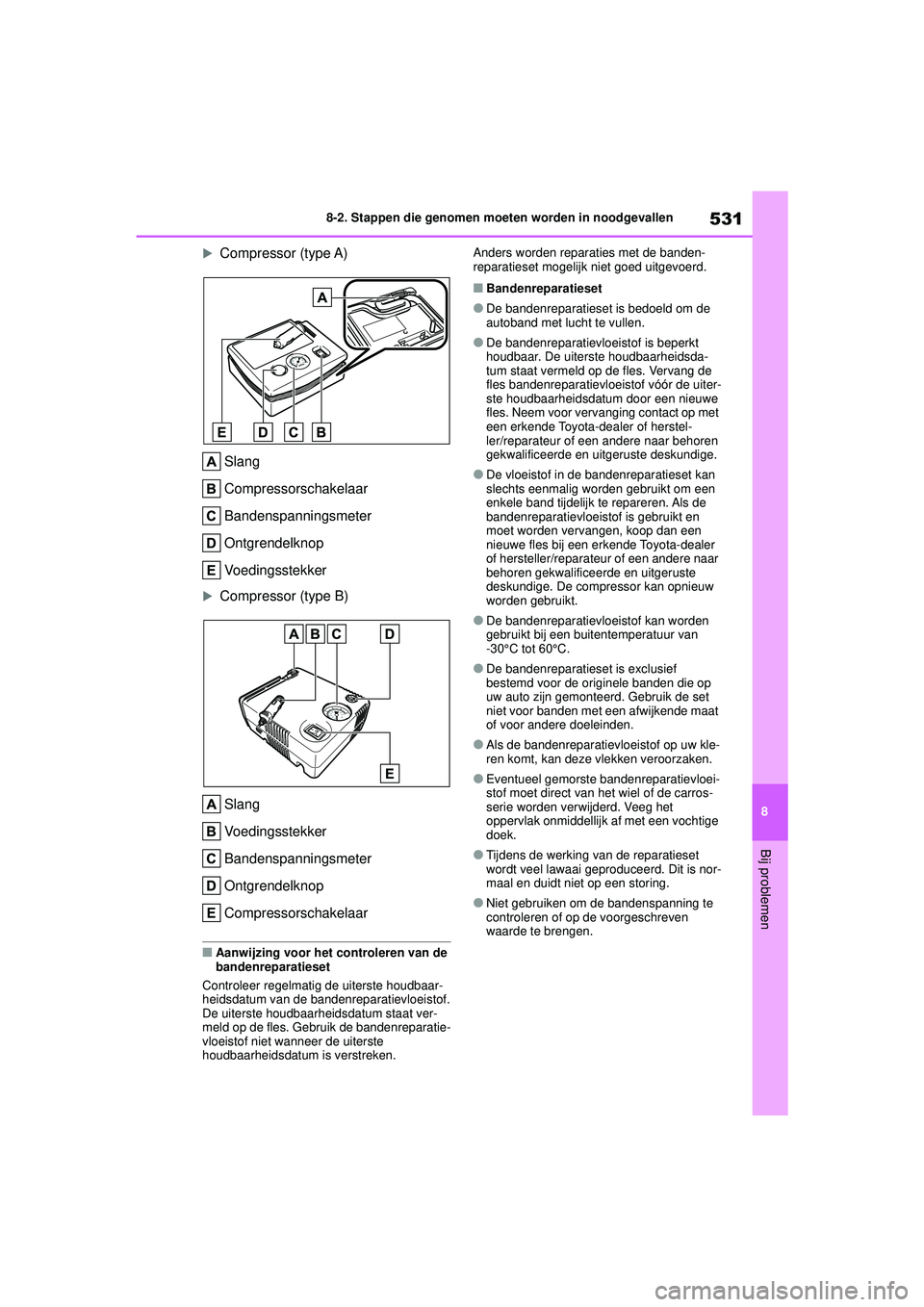 TOYOTA COROLLA 2020  Instructieboekje (in Dutch) 531
8
8-2. Stappen die genomen moeten worden in noodgevallen
Bij problemen
COROLLA HV_TMMT_EE 
Compressor (type A)
Slang
Compressorschakelaar
Bandenspanningsmeter
Ontgrendelknop
Voedingsstekker
