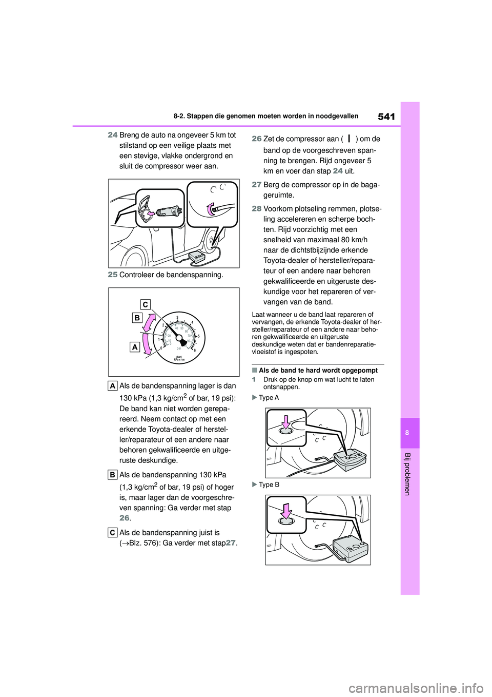 TOYOTA COROLLA 2020  Instructieboekje (in Dutch) 541
8
8-2. Stappen die genomen moeten worden in noodgevallen
Bij problemen
COROLLA HV_TMMT_EE
24
Breng de auto na ongeveer 5 km tot 
stilstand op een veilige plaats met 
een stevige, vlakke ondergrond