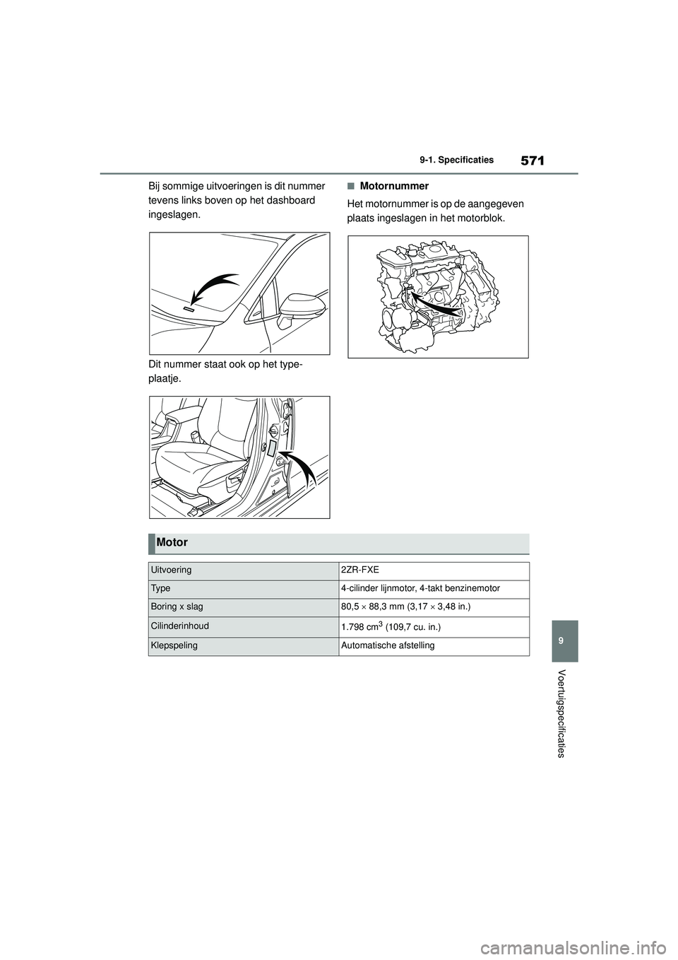 TOYOTA COROLLA 2020 Instructieboekje (in Dutch) 571
9
9-1. Specificaties
Voertuigspecificaties
COROLLA HV_TMMT_EE
Bij sommige uitvoeringen is dit nummer
tevens links boven op het dashboard
ingeslagen.
Dit nummer staat ook op het type-
plaatje.■ TOYOTA COROLLA 2020 Instructieboekje (in Dutch) 571
9
9-1. Specificaties
Voertuigspecificaties
COROLLA HV_TMMT_EE
Bij sommige uitvoeringen is dit nummer
tevens links boven op het dashboard
ingeslagen.
Dit nummer staat ook op het type-
plaatje.■