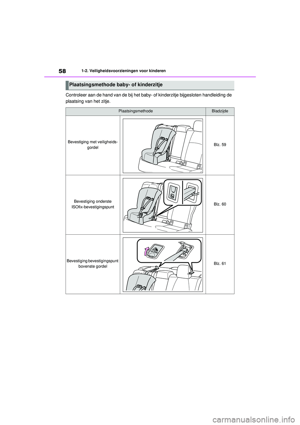 TOYOTA COROLLA 2020 Instructieboekje (in Dutch) 581-2. Veiligheidsvoorzieningen voor kinderen
COROLLA HV_TMMT_EE
Controleer aan de hand van de bij het baby- of kinderzitje bijgesloten handleiding de
plaatsing van het zitje.
Plaatsingsmethode baby- TOYOTA COROLLA 2020 Instructieboekje (in Dutch) 581-2. Veiligheidsvoorzieningen voor kinderen
COROLLA HV_TMMT_EE
Controleer aan de hand van de bij het baby- of kinderzitje bijgesloten handleiding de
plaatsing van het zitje.
Plaatsingsmethode baby-