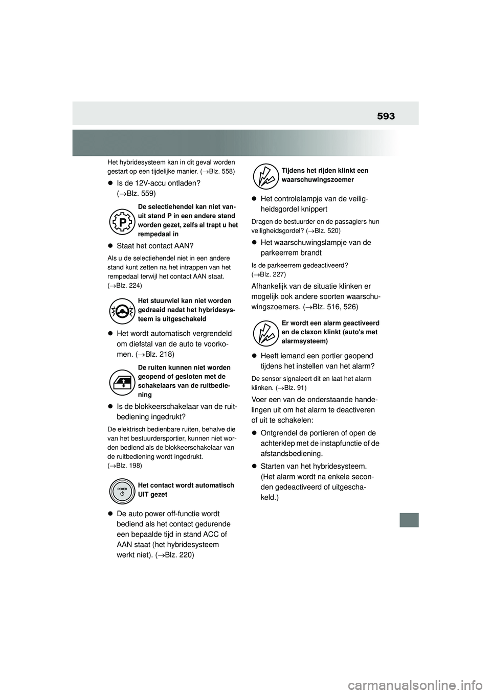 TOYOTA COROLLA 2020 Instructieboekje (in Dutch) 593
COROLLA HV_TMMT_EEHet hybridesysteem kan in dit geval worden
gestart op een tijdelijke manier. (
Blz. 558)
Is de 12V-accu ontladen?
(Blz. 559)
Staat het contact AAN?
Als u de selec TOYOTA COROLLA 2020 Instructieboekje (in Dutch) 593
COROLLA HV_TMMT_EEHet hybridesysteem kan in dit geval worden
gestart op een tijdelijke manier. (
Blz. 558)
Is de 12V-accu ontladen?
(Blz. 559)
Staat het contact AAN?
Als u de selec