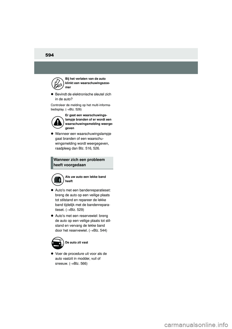TOYOTA COROLLA 2020 Instructieboekje (in Dutch) 594
COROLLA HV_TMMT_EE
Bevindt de elektronische sleutel zich
in de auto?
Controleer de melding op het multi-informa-
tiedisplay. ( Blz. 526)
Wanneer een waarschuwingslampje
gaat branden of TOYOTA COROLLA 2020 Instructieboekje (in Dutch) 594
COROLLA HV_TMMT_EE
Bevindt de elektronische sleutel zich
in de auto?
Controleer de melding op het multi-informa-
tiedisplay. ( Blz. 526)
Wanneer een waarschuwingslampje
gaat branden of