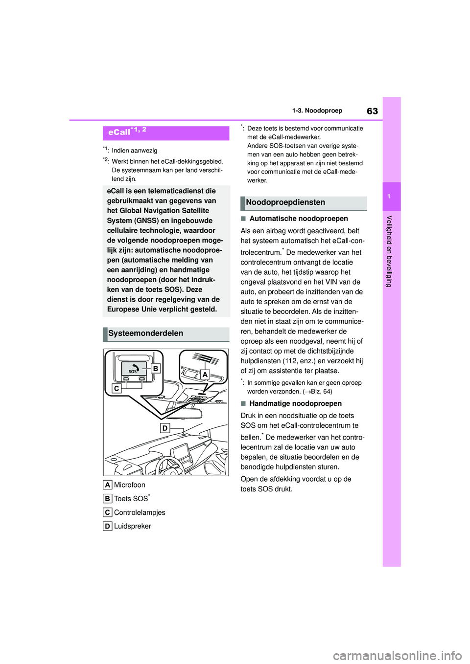 TOYOTA COROLLA 2020  Instructieboekje (in Dutch) 63
1
1-3. Noodoproep
Veiligheid en beveiliging
COROLLA HV_TMMT_EE
1-3.Noodoproep
*1: Indien aanwezig
*2: Werkt binnen het eCall-dekkingsgebied. 
De systeemnaam kan per land verschil-
lend zijn.
Microf