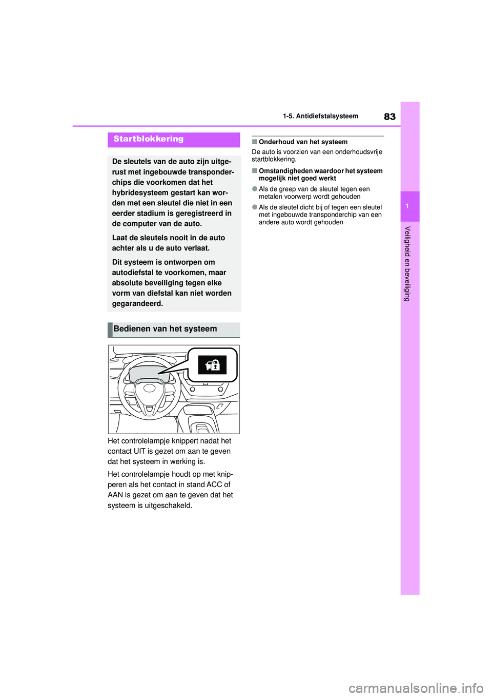 TOYOTA COROLLA 2020 Instructieboekje (in Dutch) 83
1
1-5. Antidiefstalsysteem
Veiligheid en beveiliging
COROLLA HV_TMMT_EE
1-5.Antidiefstalsysteem
Het controlelampje knippert nadat het
contact UIT is gezet om aan te geven
dat het systeem in
werk TOYOTA COROLLA 2020 Instructieboekje (in Dutch) 83
1
1-5. Antidiefstalsysteem
Veiligheid en beveiliging
COROLLA HV_TMMT_EE
1-5.Antidiefstalsysteem
Het controlelampje knippert nadat het
contact UIT is gezet om aan te geven
dat het systeem in
werk