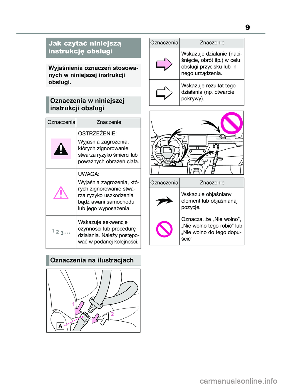 TOYOTA COROLLA 2020  Instrukcja obsługi (in Polish) 9
Jak czytaç niniejszà
instrukcj´ obs∏ugi
WyjaÊnienia oznaczeƒ stosowa-
nych w niniejszej instrukcji 
obs∏ugi.
Oznaczenia na ilustracjach
Oznaczenia Znaczenie
OSTRZE˚ENIE:
WyjaÊnia zagro˝e