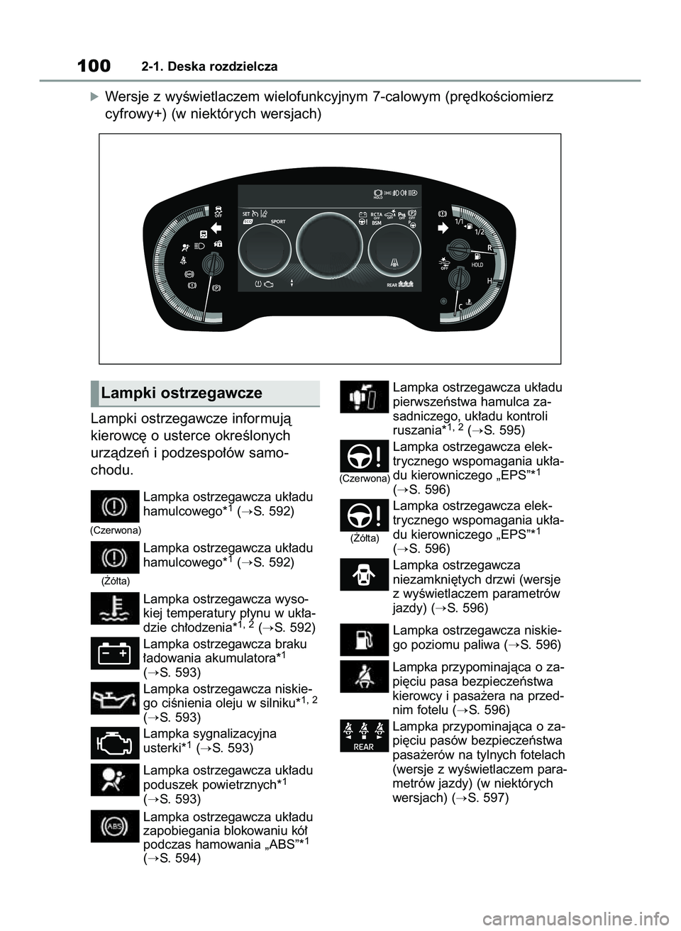 TOYOTA COROLLA 2020  Instrukcja obsługi (in Polish) Lampki ostrzegawcze informujà
kierowc´ o usterce okreÊlonych
urzàdzeƒ i podzespo∏ów samo-
chodu.
Lampka ostrzegawcza uk∏adu
hamulcowego*1(S. 592)
Lampka ostrzegawcza uk∏adu
hamulcowego*
1