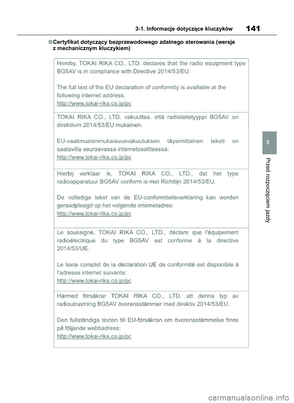 TOYOTA COROLLA 2020  Instrukcja obsługi (in Polish) Certyfikat dotyczàcy bezprzewodowego zdalnego sterowania (wersje 
z mechanicznym kluczykiem)
Przed rozpocz´ciem jazdy
3-1. Informacje dotyczàce kluczyków141
3
4 Corolla TMMT OM12P10E  2/24/21  5:0