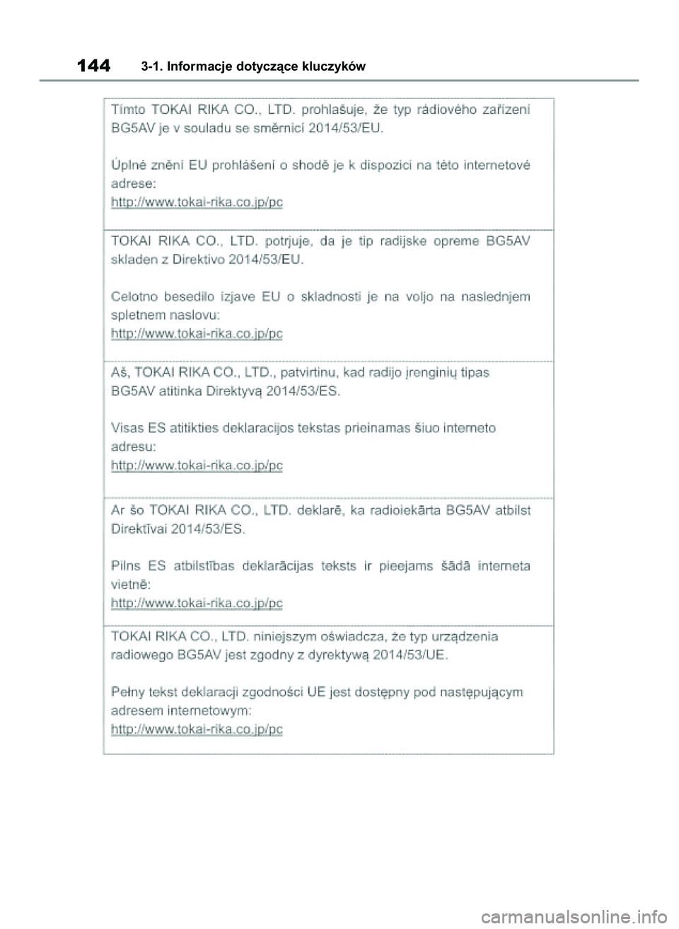 TOYOTA COROLLA 2020  Instrukcja obsługi (in Polish) 1443-1. Informacje dotyczàce kluczyków
4 Corolla TMMT OM12P10E  2/24/21  5:06 PM  Page 144 