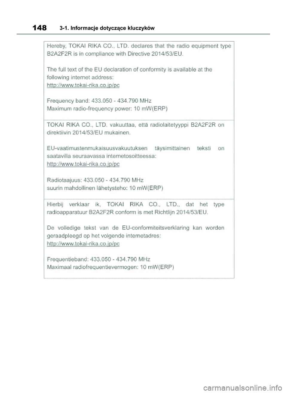 TOYOTA COROLLA 2020  Instrukcja obsługi (in Polish) 1483-1. Informacje dotyczàce kluczyków
4 Corolla TMMT OM12P10E  2/24/21  5:06 PM  Page 148 
