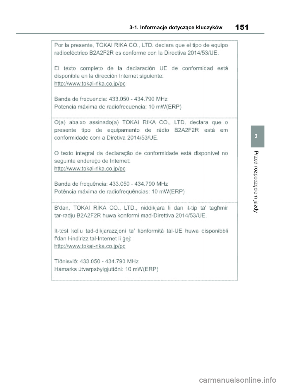 TOYOTA COROLLA 2020  Instrukcja obsługi (in Polish) Przed rozpocz´ciem jazdy
3-1. Informacje dotyczàce kluczyków151
3
4 Corolla TMMT OM12P10E  2/24/21  5:06 PM  Page 151 