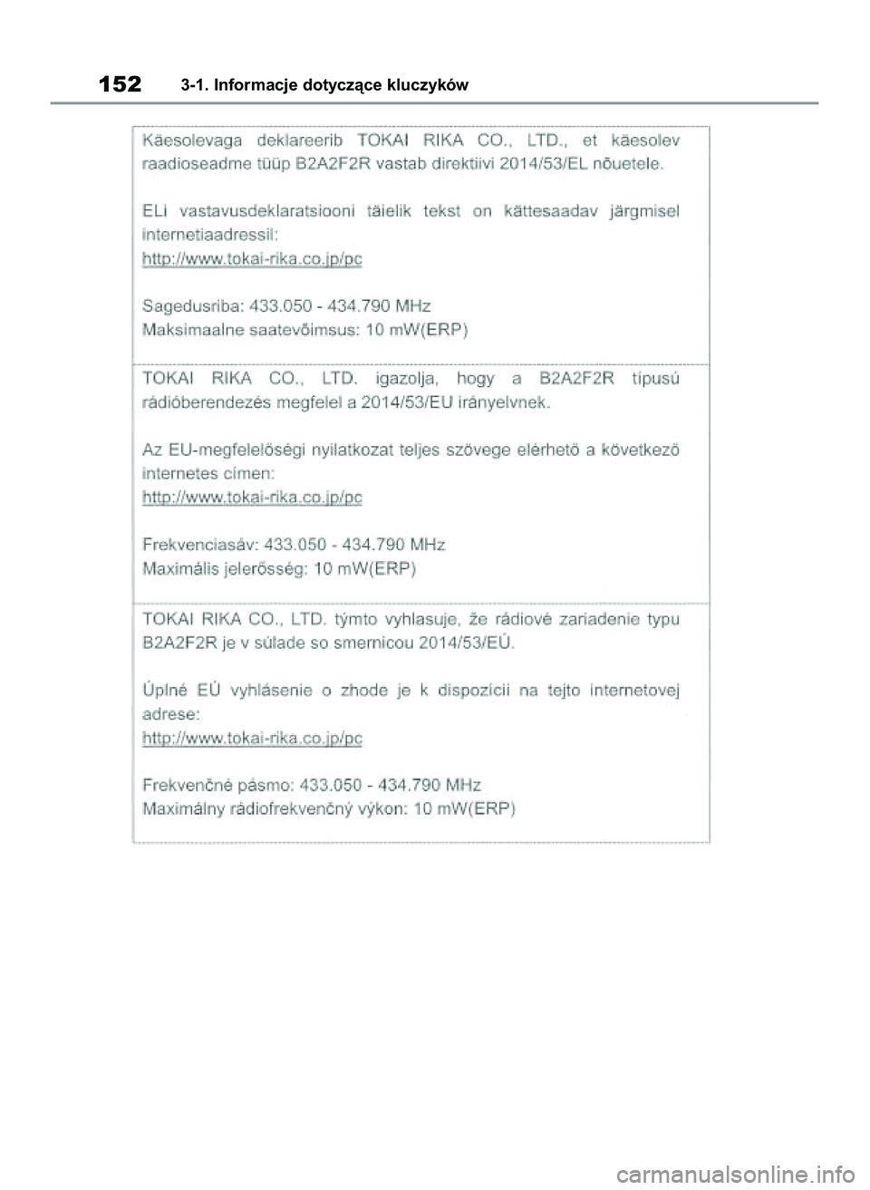 TOYOTA COROLLA 2020  Instrukcja obsługi (in Polish) 1523-1. Informacje dotyczàce kluczyków
4 Corolla TMMT OM12P10E  2/24/21  5:06 PM  Page 152 